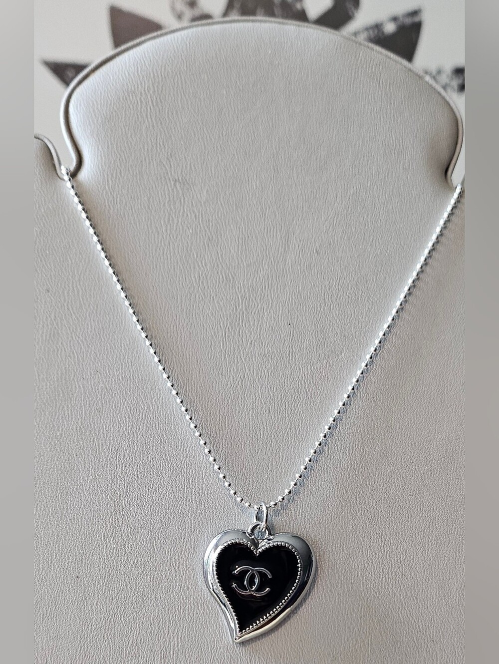 Silver Heart Necklace with Black Enamel Center CC Logo